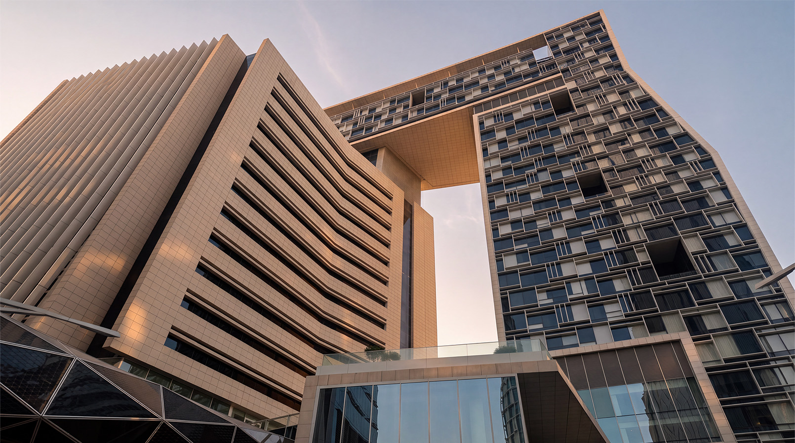 Upward view of the angular architecture at KAFD.