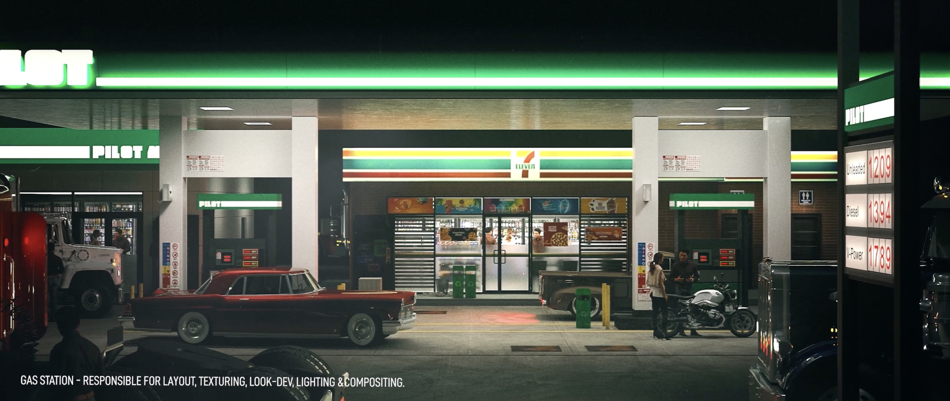 A rendered gas station illuminated by green signage and overhead lights at night.