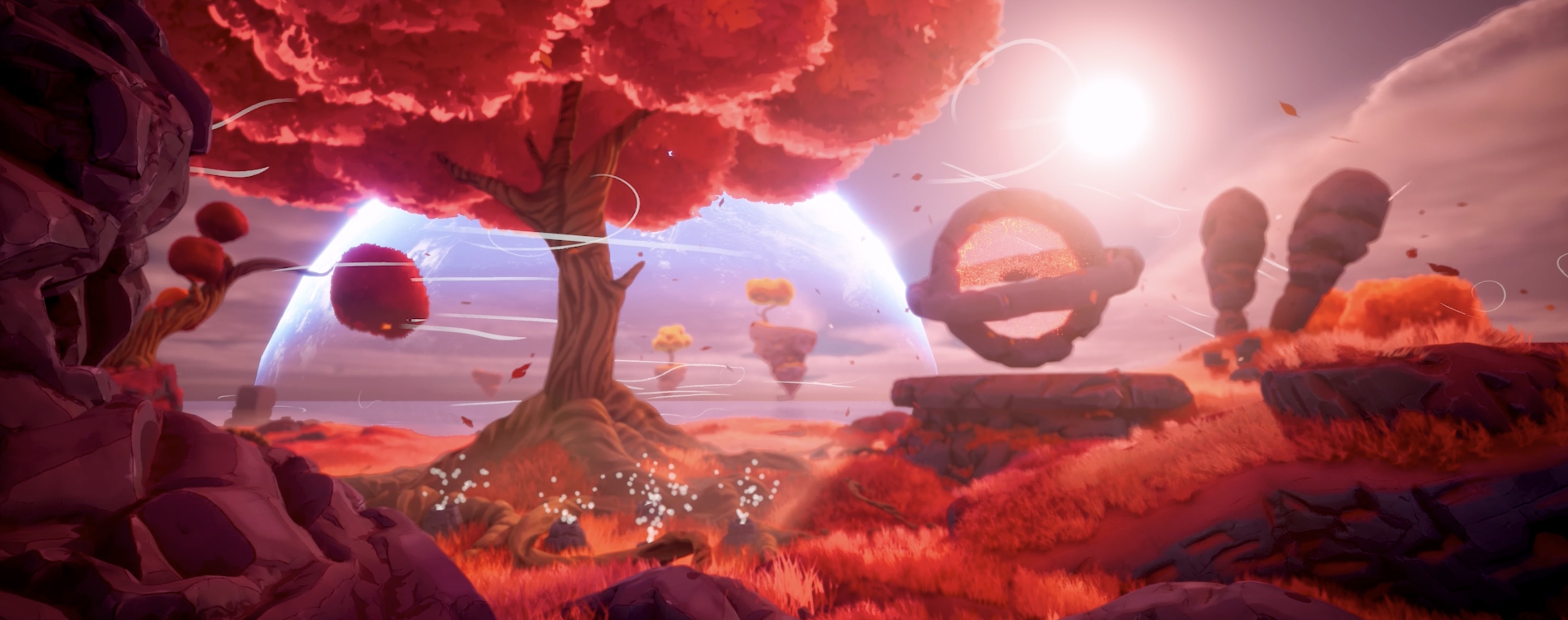 A vivid red fantasy landscape with floating landforms and a glowing portal, by Baris Ozguz.