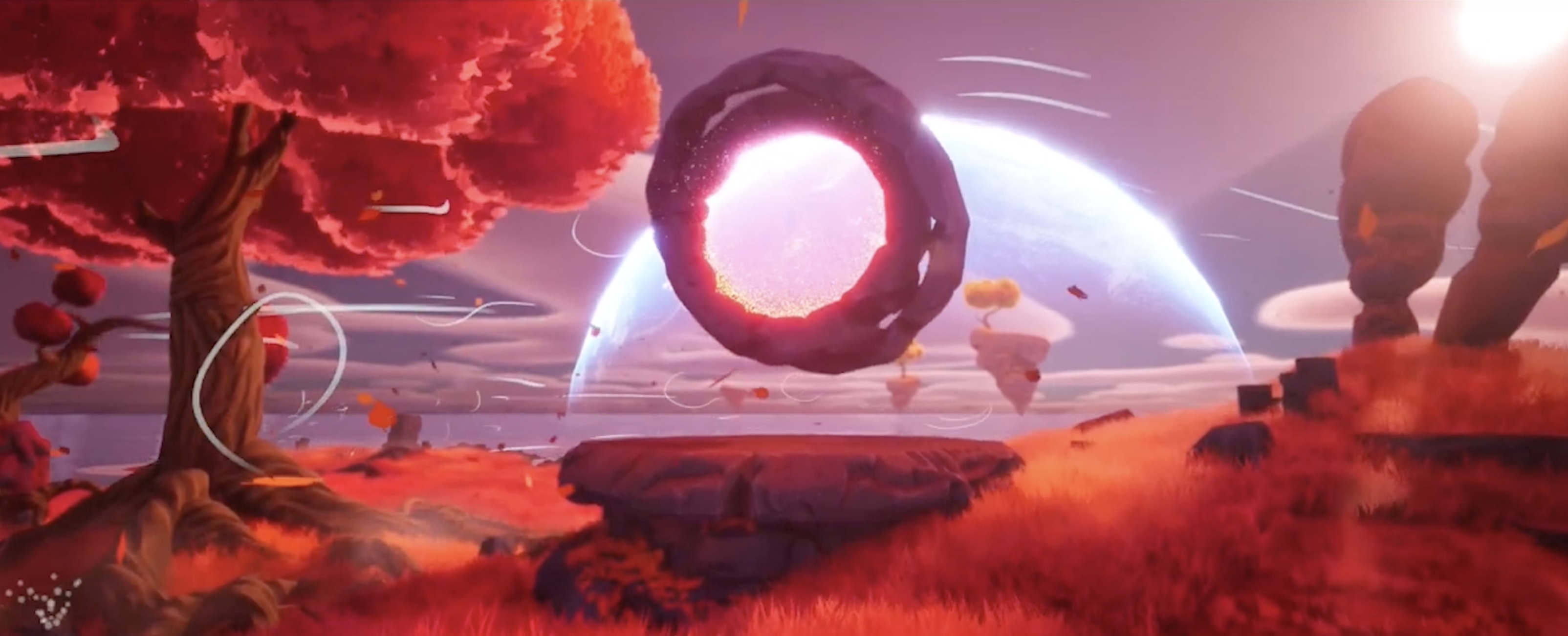 Glowing portal among red trees and floating islands. Game artwork by Baris Ozguz and Bora Arslanbulut.