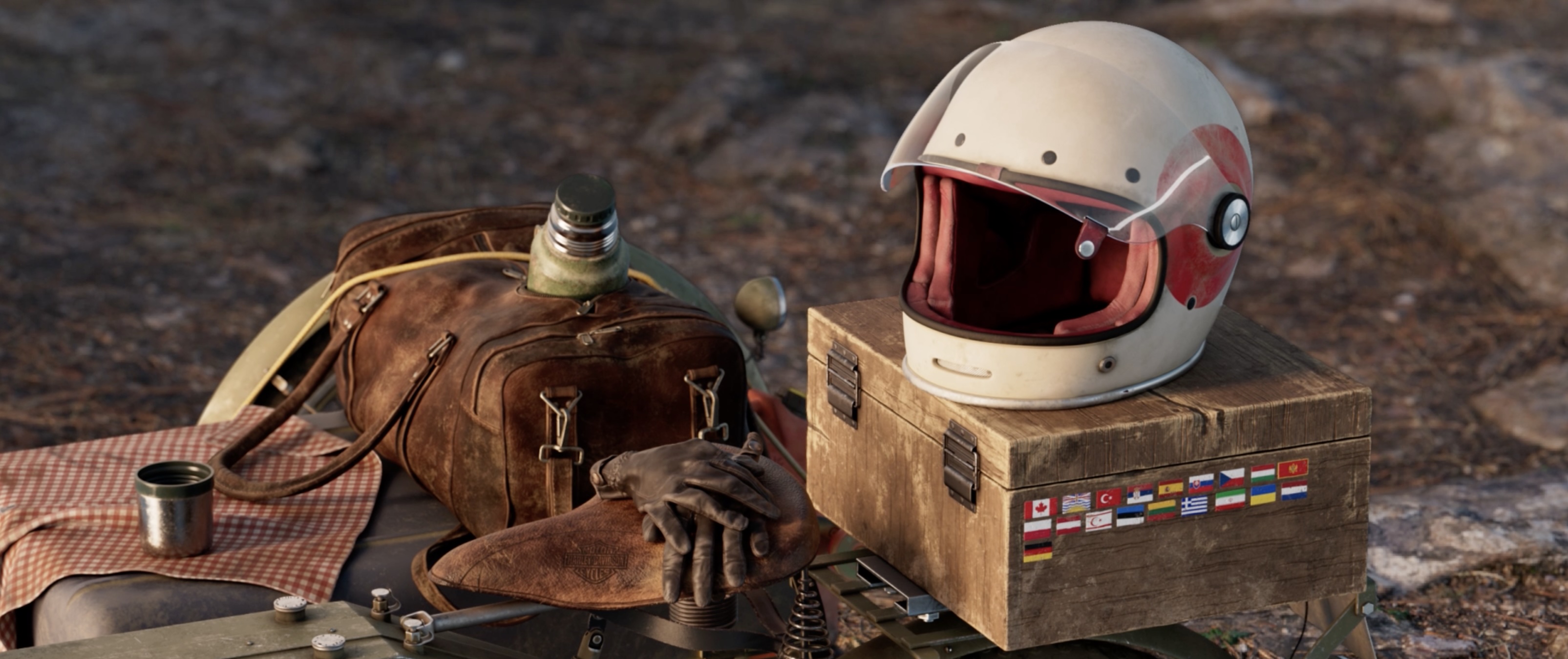 A helmet, luggage and travel props arranged in a 3D scene by Murat Miroglu.
