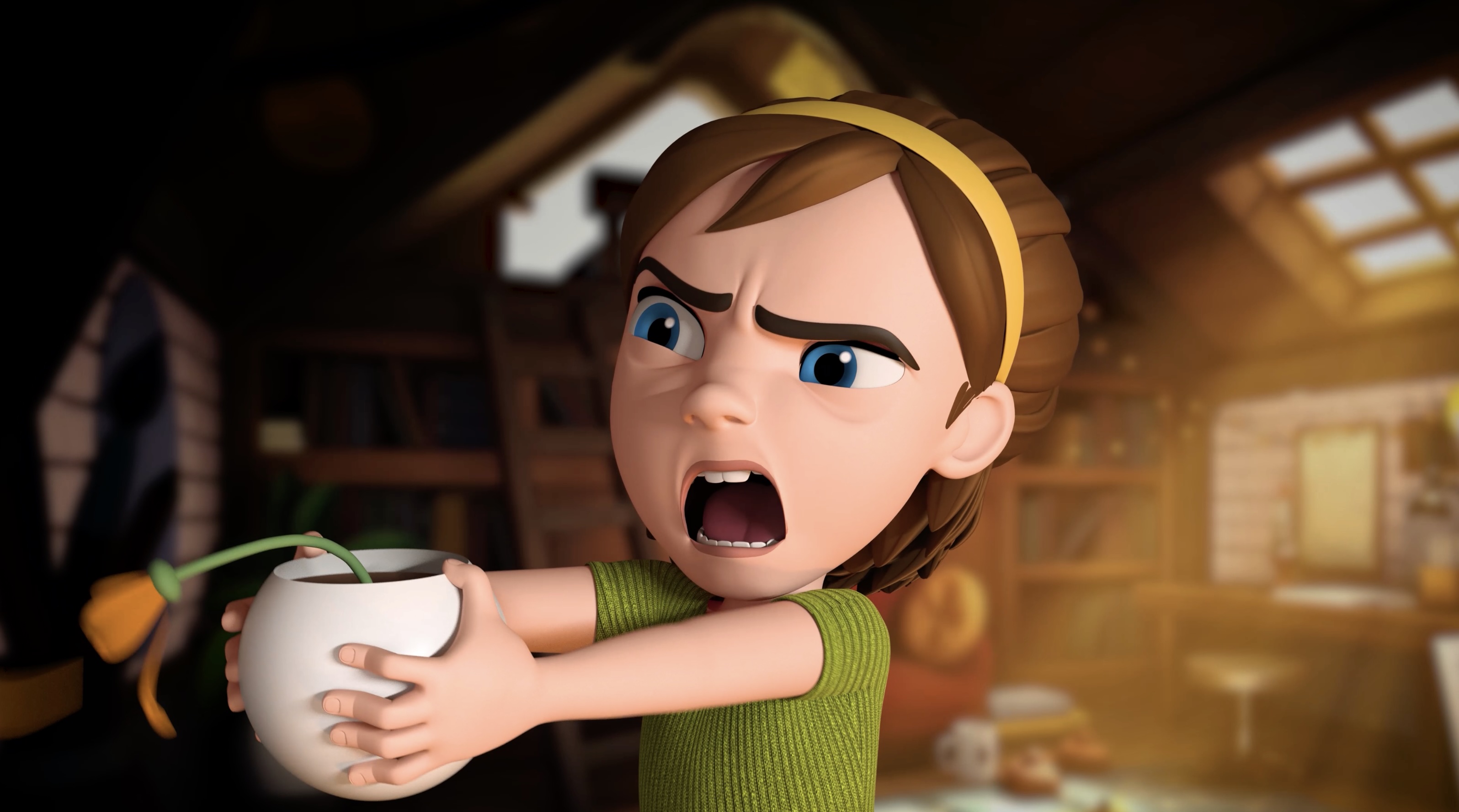 An expressive animated character holding a white bowl in a warmly lit interior. Supplied named-work source: Sorkun Sagir.
